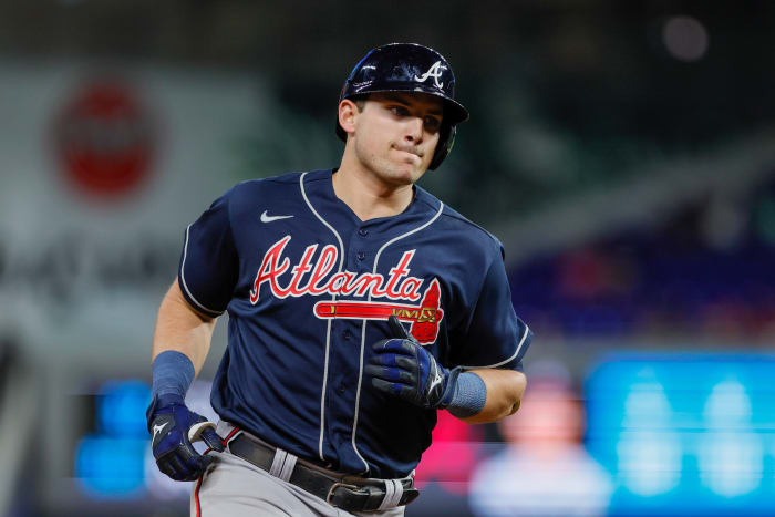 May 3, 2023; Miami, Florida, USA; Atlanta Braves third baseman Austin Riley (27) circles the bases after hitting a two-run home run during the fifth inning against the Miami Marlins at loanDepot Park.